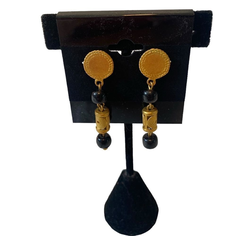 Beautiful Yellow Gold & Black Glass Beaded Drop Earrings.